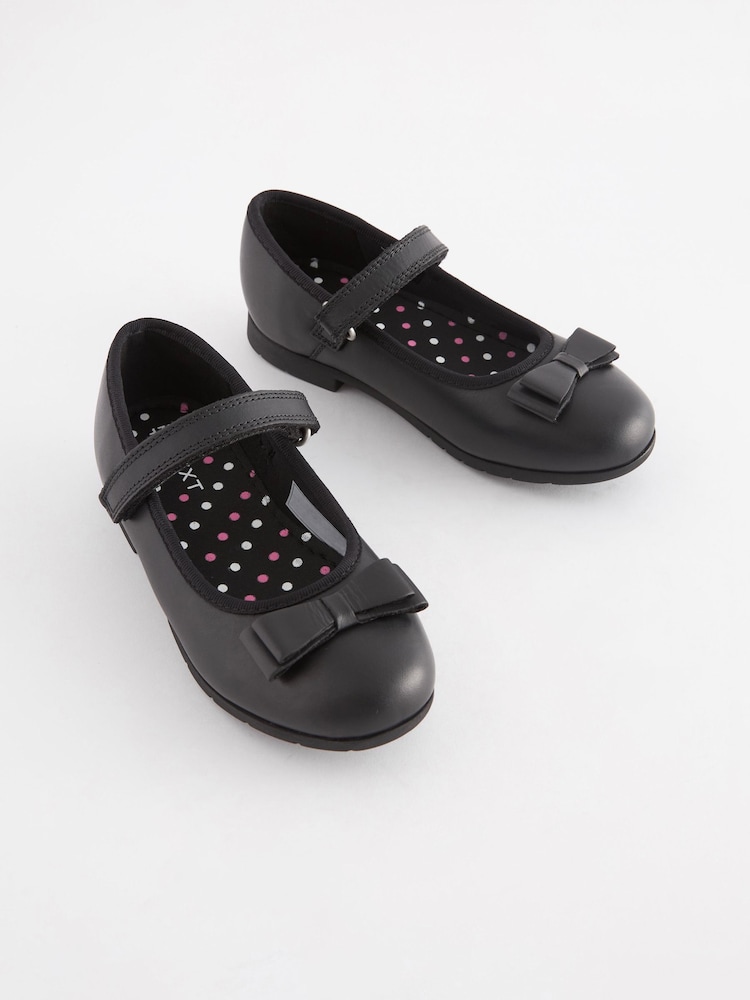 Black Matt Narrow Fit (E) School Leather Bow Mary Jane Shoes - Image 2 of 7