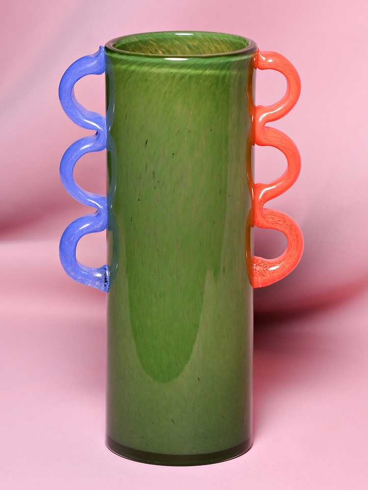 Widdop Green Glass Vase With Wavey Handles - Image 1 of 3 Widdop Green Glass Vase With Wavey Handles - Image 1 of 3