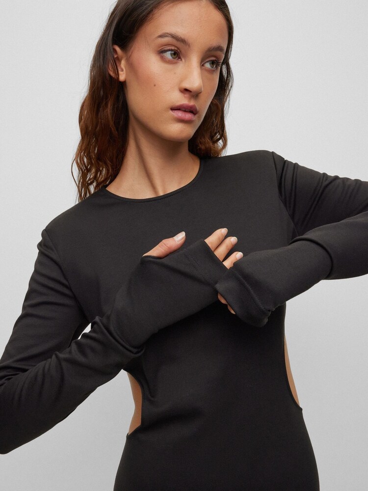HUGO Long-Sleeved Jersey Black Dress with Side Cut-Outs - Image 2 of 5 HUGO Long-Sleeved Jersey Black Dress with Side Cut-Outs - Image 2 of 5