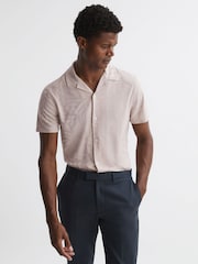 Reiss Stone Basswood Jacquard Cuban Collar Button Through T-Shirt - Image 1 of 4