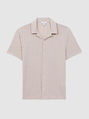 Reiss Stone Basswood Jacquard Cuban Collar Button Through T-Shirt - Image 2 of 4