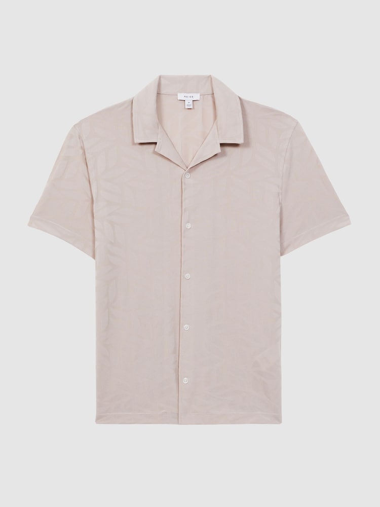 Reiss Stone Basswood Jacquard Cuban Collar Button Through T-Shirt - Image 2 of 4