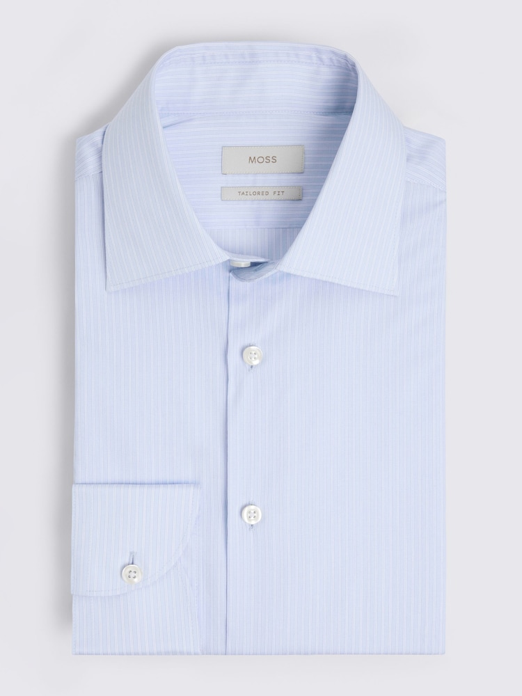 MOSS Blue Tailored Fit Cotton Stripe Shirt - Image 3 of 3 MOSS Blue Tailored Fit Cotton Stripe Shirt - Image 3 of 3
