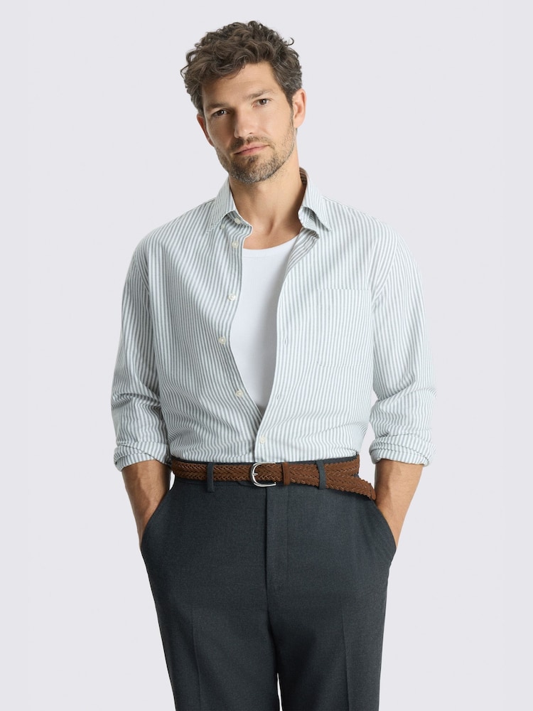 MOSS Green Washed Cotton Oxford Stripe Shirt - Image 2 of 4 MOSS Green Washed Cotton Oxford Stripe Shirt - Image 2 of 4