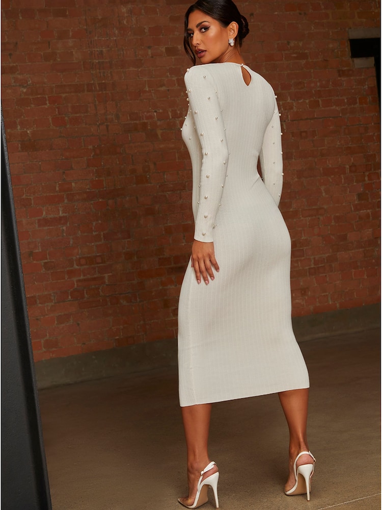 Chi Chi London Cream Cold Shoulder Pearl Detail Rib Midi Dress - Image 2 of 4