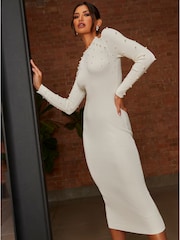 Chi Chi London Cream Cold Shoulder Pearl Detail Rib Midi Dress - Image 3 of 4