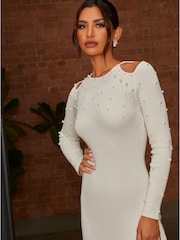 Chi Chi London Cream Cold Shoulder Pearl Detail Rib Midi Dress - Image 4 of 4