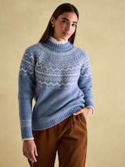 Joules Charlotte Blue Crew Neck Fairisle Pattern Jumper - Image 1 of 6