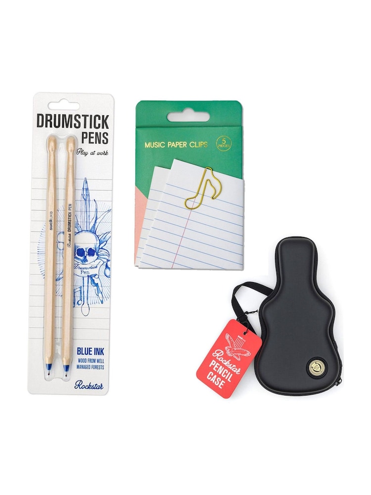 Suck UK Red Drumstick Pens Music Paper Clips Rockstar Pencil Case - Image 1 of 6 Suck UK Red Drumstick Pens Music Paper Clips Rockstar Pencil Case - Image 1 of 6