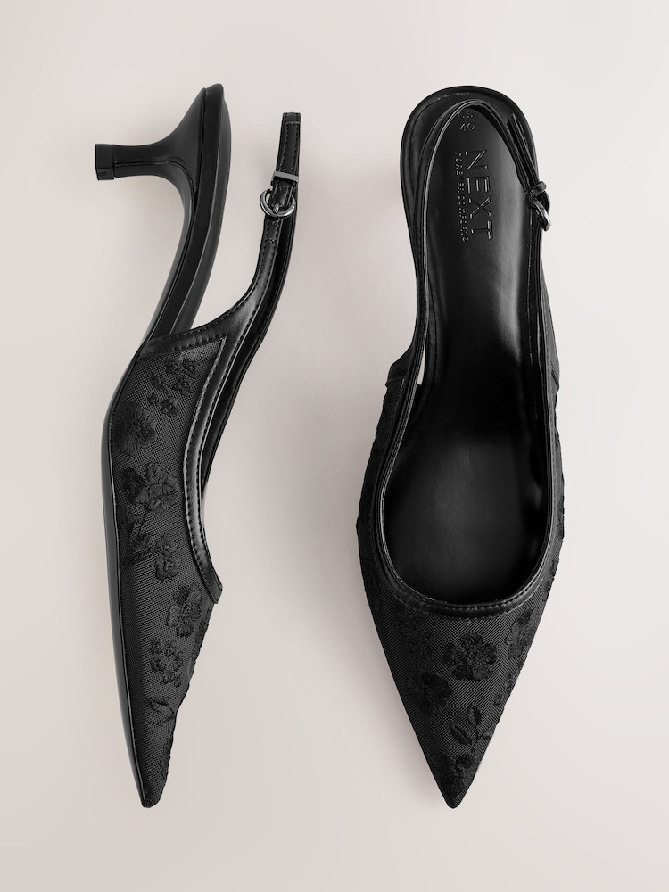 Black Forever Comfort® Embroidered Mesh Slingback Heels - Image 2 of 5