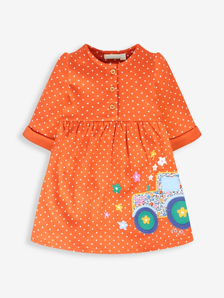 JoJo Maman Bébé Rust Orange Tractor Appliqué Button Front Dress - Image 1 of 3