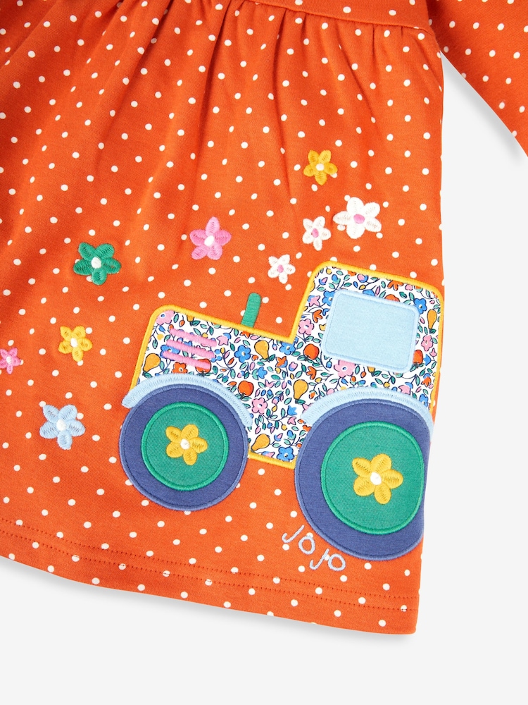 JoJo Maman Bébé Rust Orange Tractor Appliqué Button Front Dress - Image 2 of 3