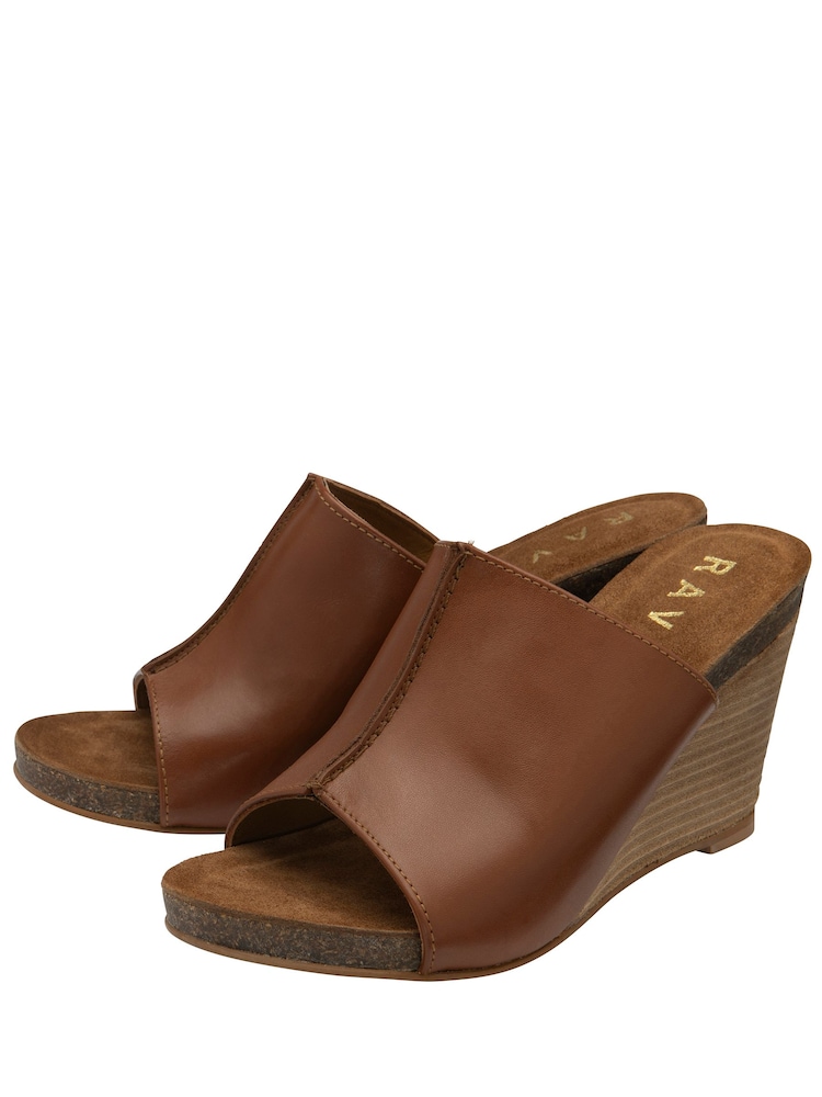 Ravel Brown Leather Wedge Mule Sandals - Image 2 of 4 Ravel Brown Leather Wedge Mule Sandals - Image 2 of 4