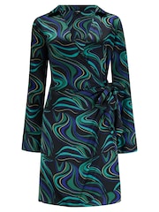Pour Moi Black Green Louisa Satin Wrap Long Sleeve Short Dress - Image 3 of 4