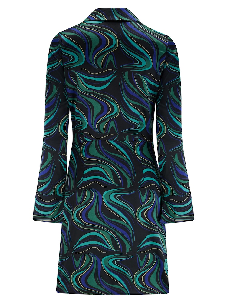 Pour Moi Black Green Louisa Satin Wrap Long Sleeve Short Dress - Image 4 of 4