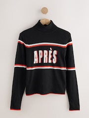 Black Apres Ski Slogan Long Sleeve Roll Neck Jumper - Image 1 of 3