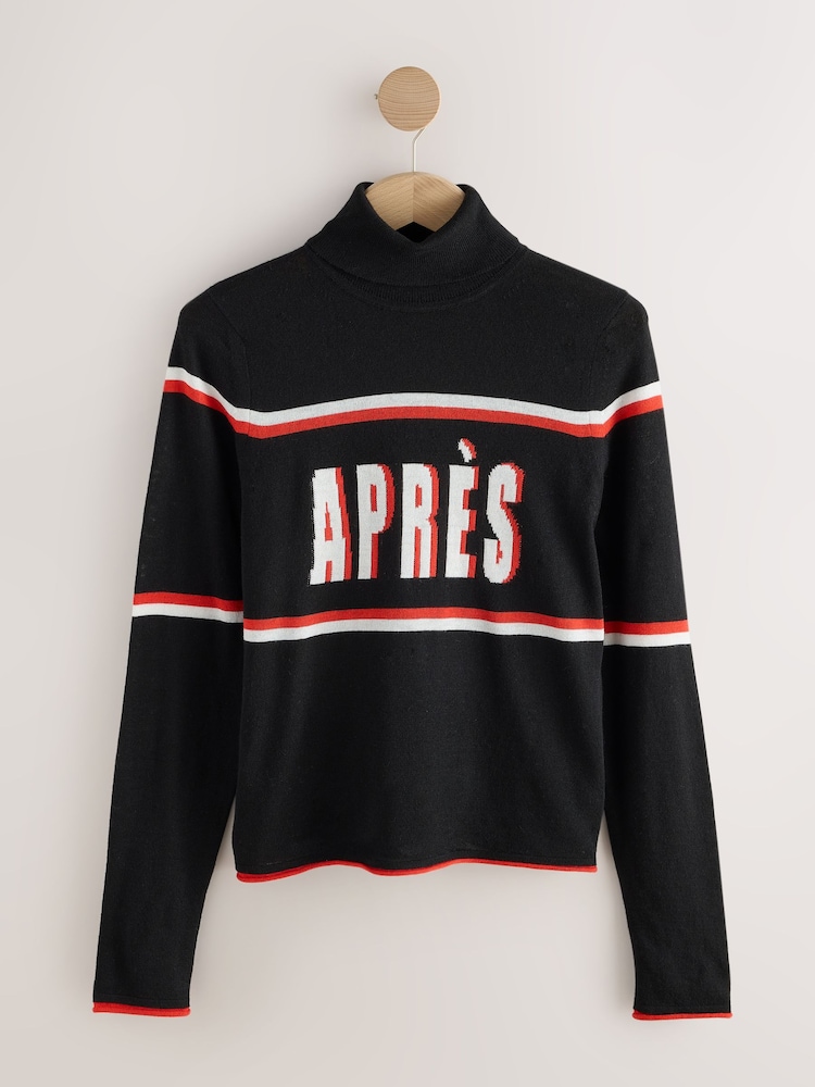 Black Apres Ski Slogan Long Sleeve Roll Neck Jumper - Image 1 of 3