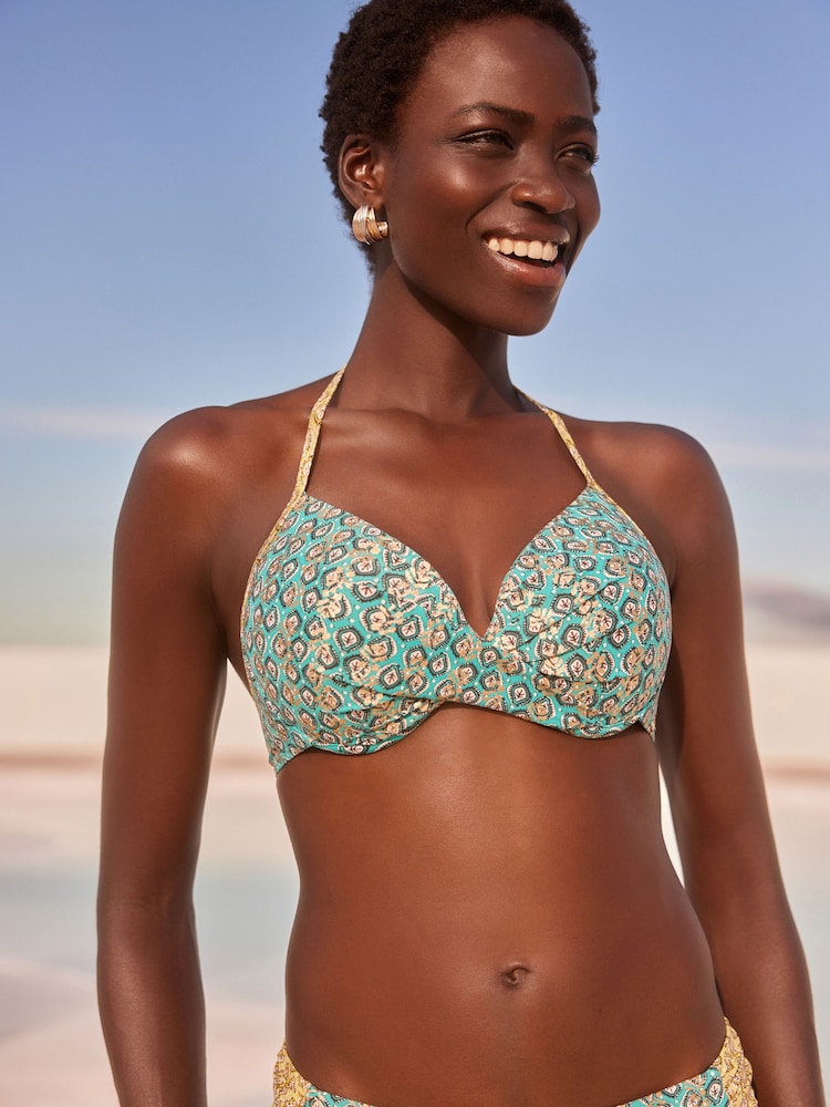 Grün/Blau Folienprint/Woodblock - Wattiertes Bikini-Oberteil mit tiefem Ausschnitt und Bügeln - Bild 1 von 6 Grün/Blau Folienprint/Woodblock - Wattiertes Bikini-Oberteil mit tiefem Ausschnitt und Bügeln - Bild 1 von 6