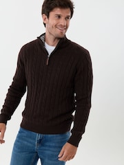 Saltwell Brown Cable Knit Cotton Funnel Neck Quarter Zip Jumper - Image 1 of 5
