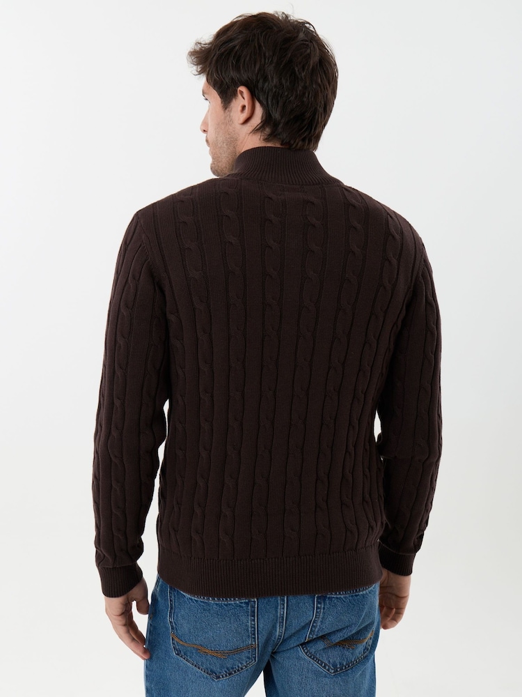 Saltwell Brown Cable Knit Cotton Funnel Neck Quarter Zip Jumper - Image 2 of 5 Saltwell Brown Cable Knit Cotton Funnel Neck Quarter Zip Jumper - Image 2 of 5