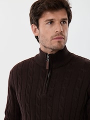 Saltwell Brown Cable Knit Cotton Funnel Neck Quarter Zip Jumper - Image 4 of 5