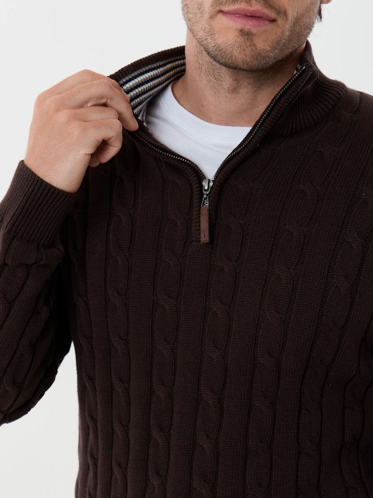 Saltwell Brown Cable Knit Cotton Funnel Neck Quarter Zip Jumper - Image 5 of 5 Saltwell Brown Cable Knit Cotton Funnel Neck Quarter Zip Jumper - Image 5 of 5