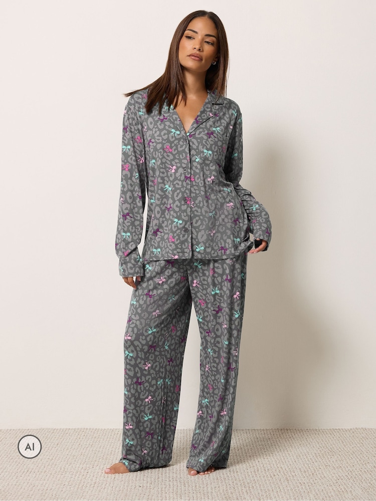 PixieGirl Petite Grey Bows Soft Touch Long Sleeve Pyjamas - Image 1 of 6 PixieGirl Petite Grey Bows Soft Touch Long Sleeve Pyjamas - Image 1 of 6