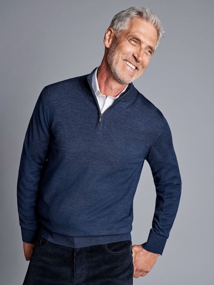 Charles Tyrwhitt Blue Pure Merino Quarter Zip Jumper - Image 1 of 4