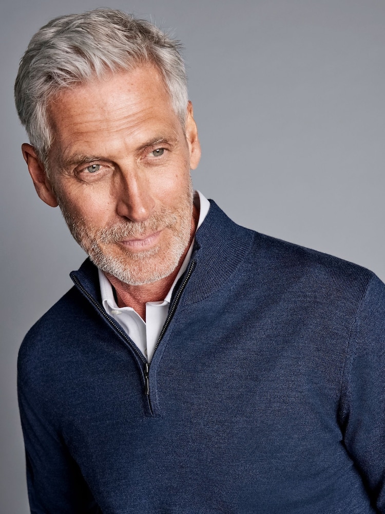 Charles Tyrwhitt Blue Pure Merino Quarter Zip Jumper - Image 2 of 4