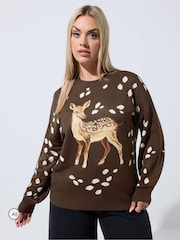 Yours Curve Brown Limited Deer Print Knitted Jumper - Image 1 of 6