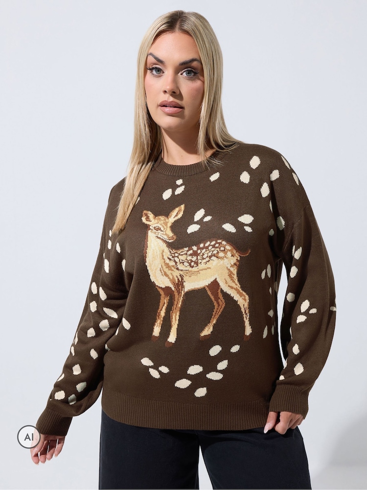 Yours Curve Brown Limited Deer Print Knitted Jumper - Image 1 of 6