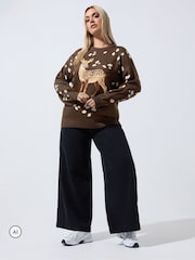 Yours Curve Brown Limited Deer Print Knitted Jumper - Image 2 of 6
