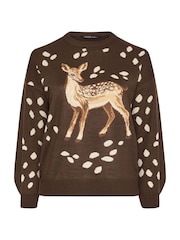 Yours Curve Brown Limited Deer Print Knitted Jumper - Image 5 of 6