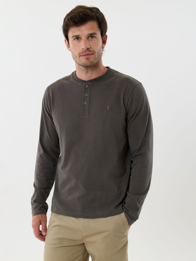 Saltwell Charcoal Brown Cotton Sleeved Grandad Collar Top - Image 1 of 5 Saltwell Charcoal Brown Cotton Sleeved Grandad Collar Top - Image 1 of 5