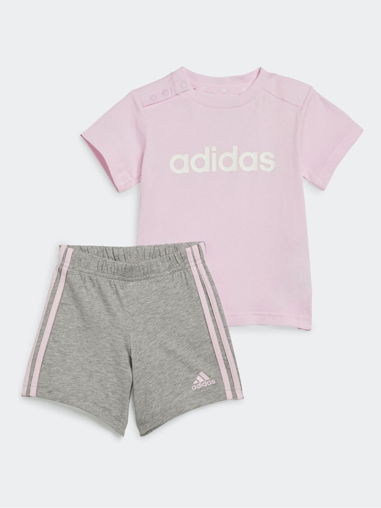 adidas Pink/Grey Sportswear Essentials Lineage Organic Cotton T-Shirt And Shorts Set - Image 1 of 6