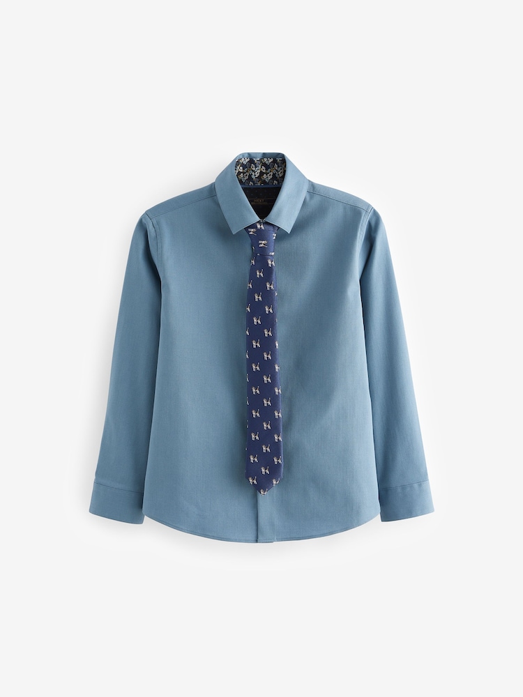 Blue Long Sleeve 100% Cotton Shirt with Tie Set (3-16yrs) - Image 1 of 3