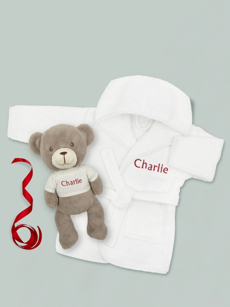 Babyblooms Personalised 100% Cotton Christmas Frankie Bear Soft Toy and Bathrobe Set-0-12m - Image 2 of 6