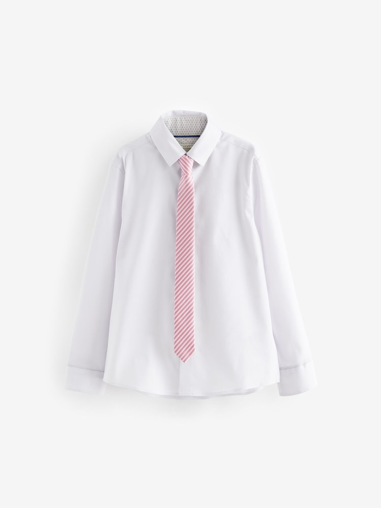 White/Pink Long Sleeve 100% Cotton Shirt with Tie Set (3-16yrs) - Image 1 of 5