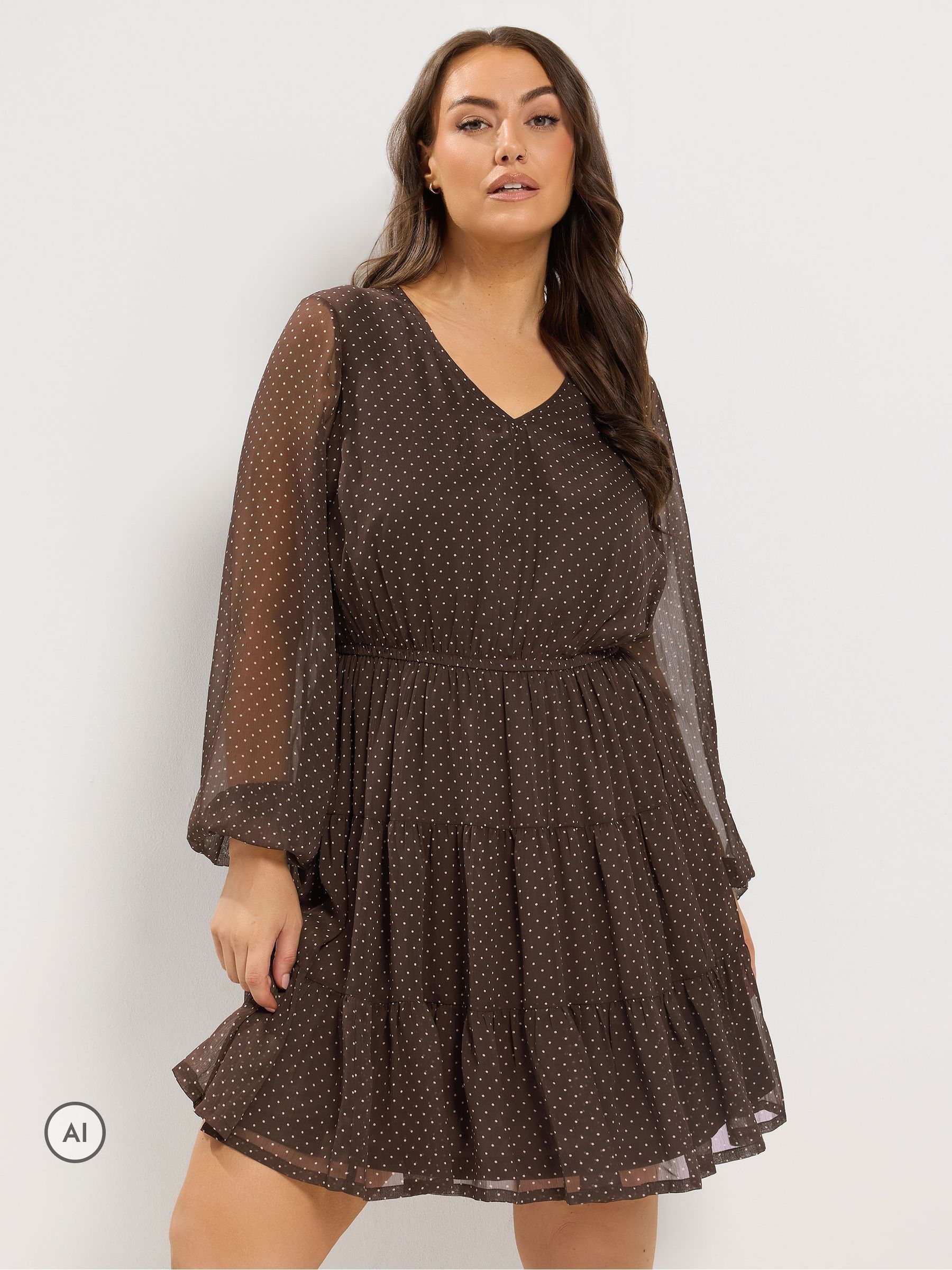 Yours Curve Women's Brown Polka Dot Tiered Dress