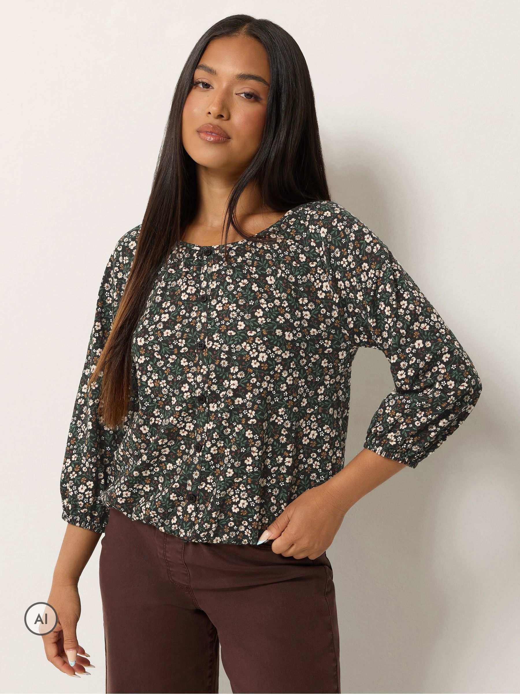 M&Co Women's Petite Button Through Cotton Blouse in Black | Size: 18 - Image 2