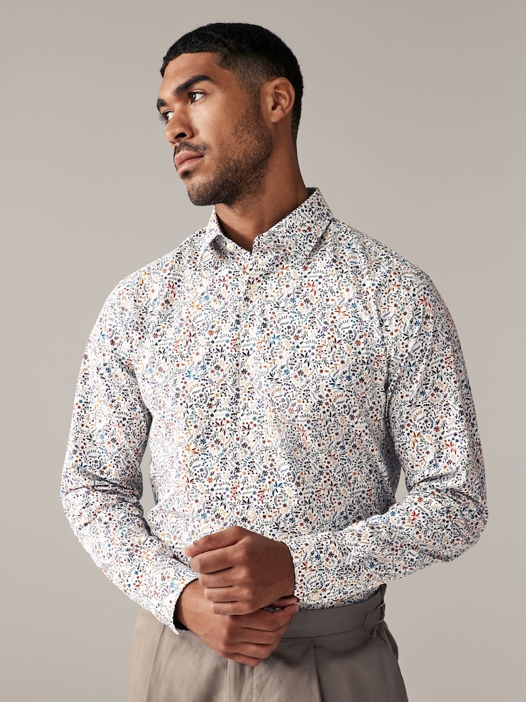 White Floral Print Regular Fit 100% Cotton Long Sleeves Single Cuff Formal Shirt - Image 1 of 8
