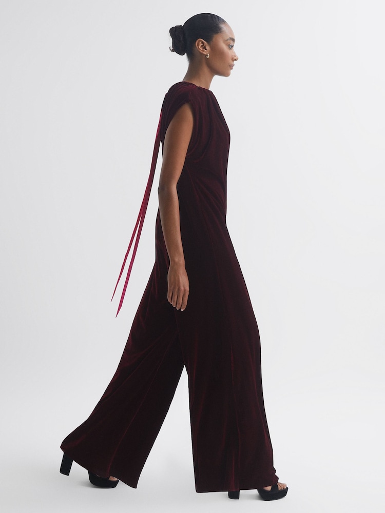 Florere Relaxed Fit Velvet Tie Neck Jumpsuit - Image 1 of 5