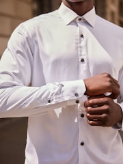 White/Black Pin Stripe Regular Fit Viscose Long Sleeve Single Cuff Shirt - Image 4 of 8