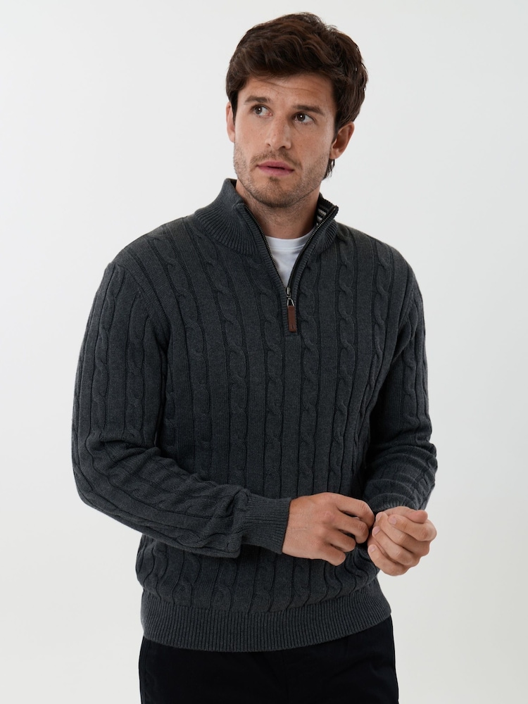 Saltwell Grey Cable Knit Cotton Funnel Neck Quarter Zip Jumper - Image 1 of 5 Saltwell Grey Cable Knit Cotton Funnel Neck Quarter Zip Jumper - Image 1 of 5