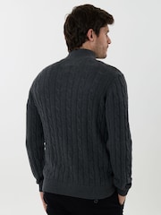 Saltwell Grey Cable Knit Cotton Funnel Neck Quarter Zip Jumper - Image 2 of 5
