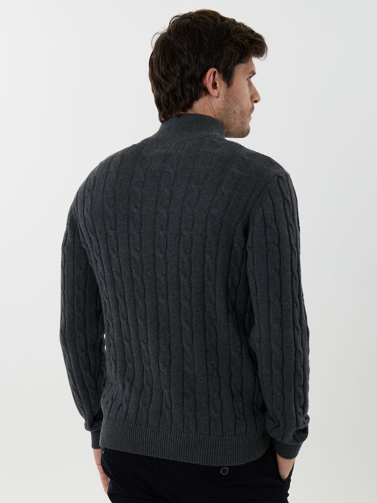 Saltwell Grey Cable Knit Cotton Funnel Neck Quarter Zip Jumper - Image 2 of 5 Saltwell Grey Cable Knit Cotton Funnel Neck Quarter Zip Jumper - Image 2 of 5