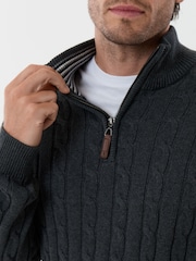 Saltwell Grey Cable Knit Cotton Funnel Neck Quarter Zip Jumper - Image 5 of 5