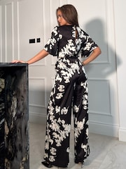 Girl In Mind Black White Floral Viola Wrap Tie Detail Wide Leg Jumpsuit - Image 2 of 4
