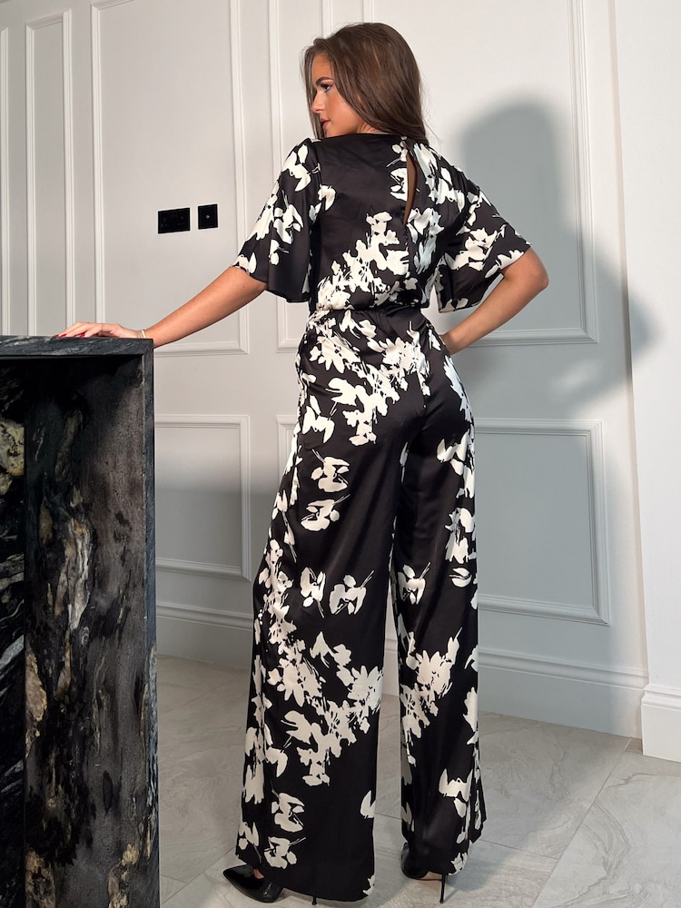 Girl In Mind Black White Floral Viola Wrap Tie Detail Wide Leg Jumpsuit - Image 2 of 4