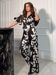 Girl In Mind Black White Floral Viola Wrap Tie Detail Wide Leg Jumpsuit - Image 3 of 4